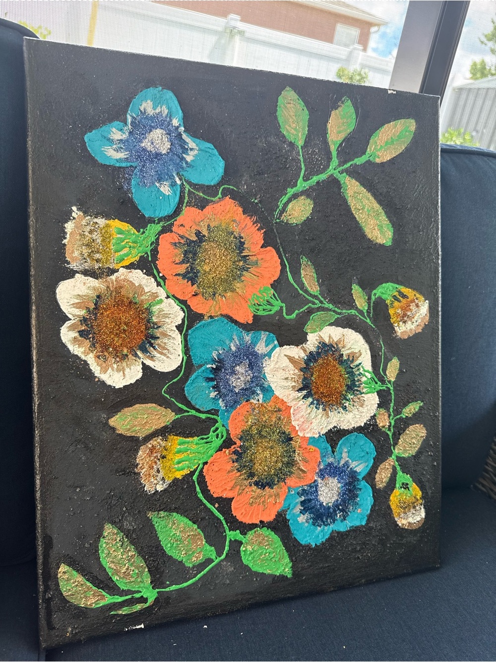 Textured Floral Canvas Painting in Teal, Orange, White, Gold